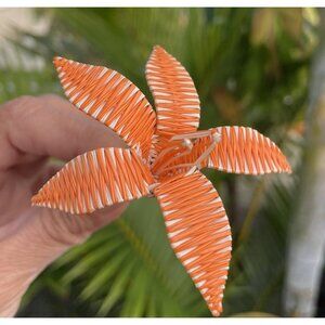 Tahiti Flower Hair Pick Orange White Raffia Coconut Leaf Wire Rito 4” Hawaii